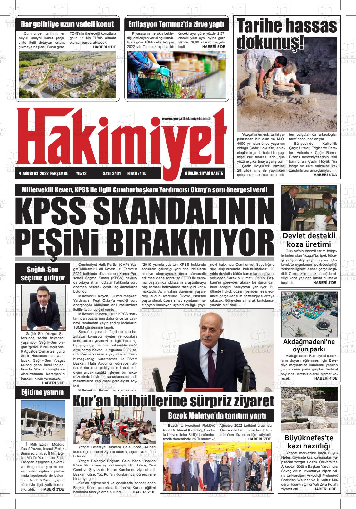 04 Ağustos 2022 Yozgat Hakimiyet Gazete Manşeti