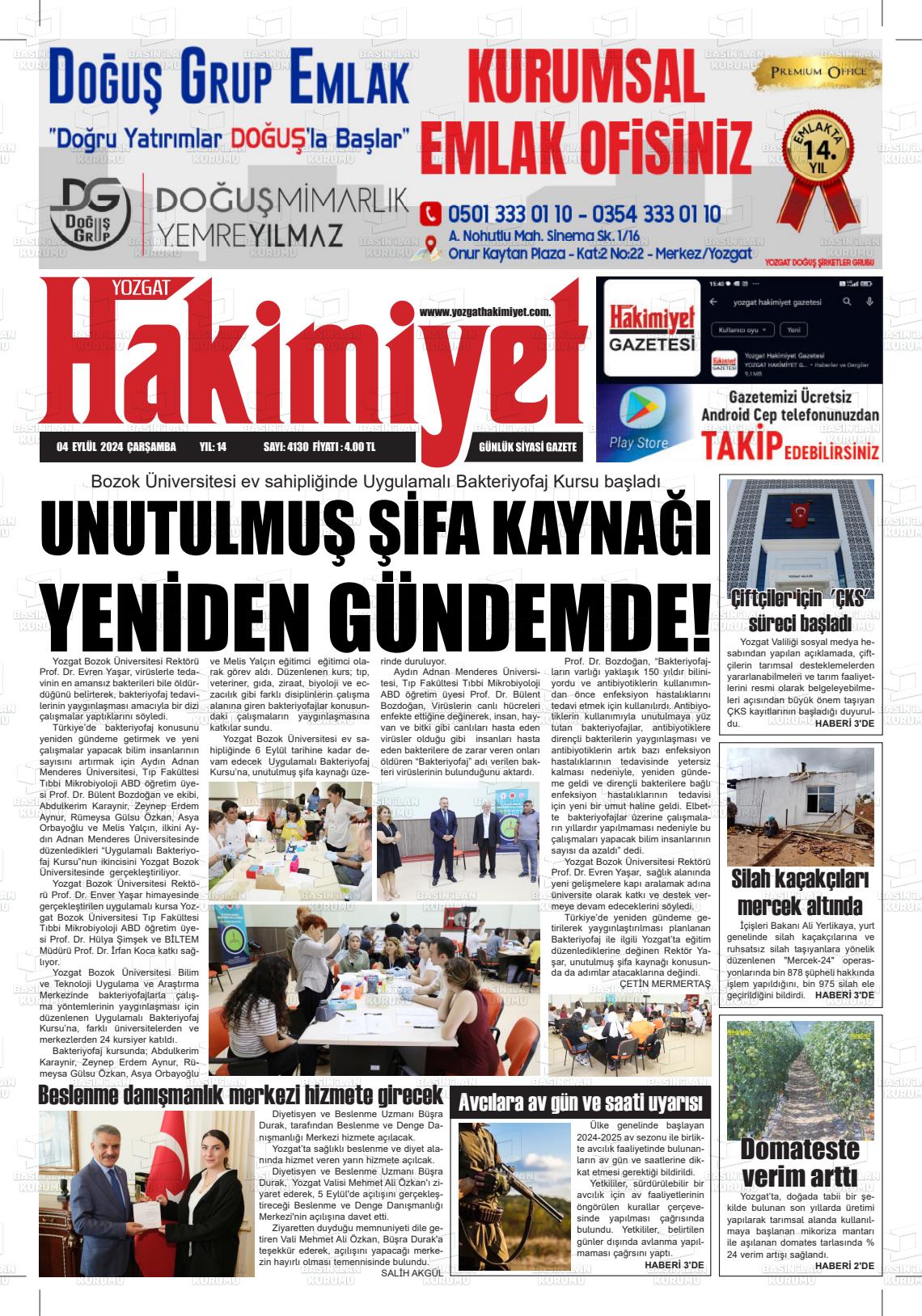 04 Eylül 2024 Yozgat Hakimiyet Gazete Manşeti