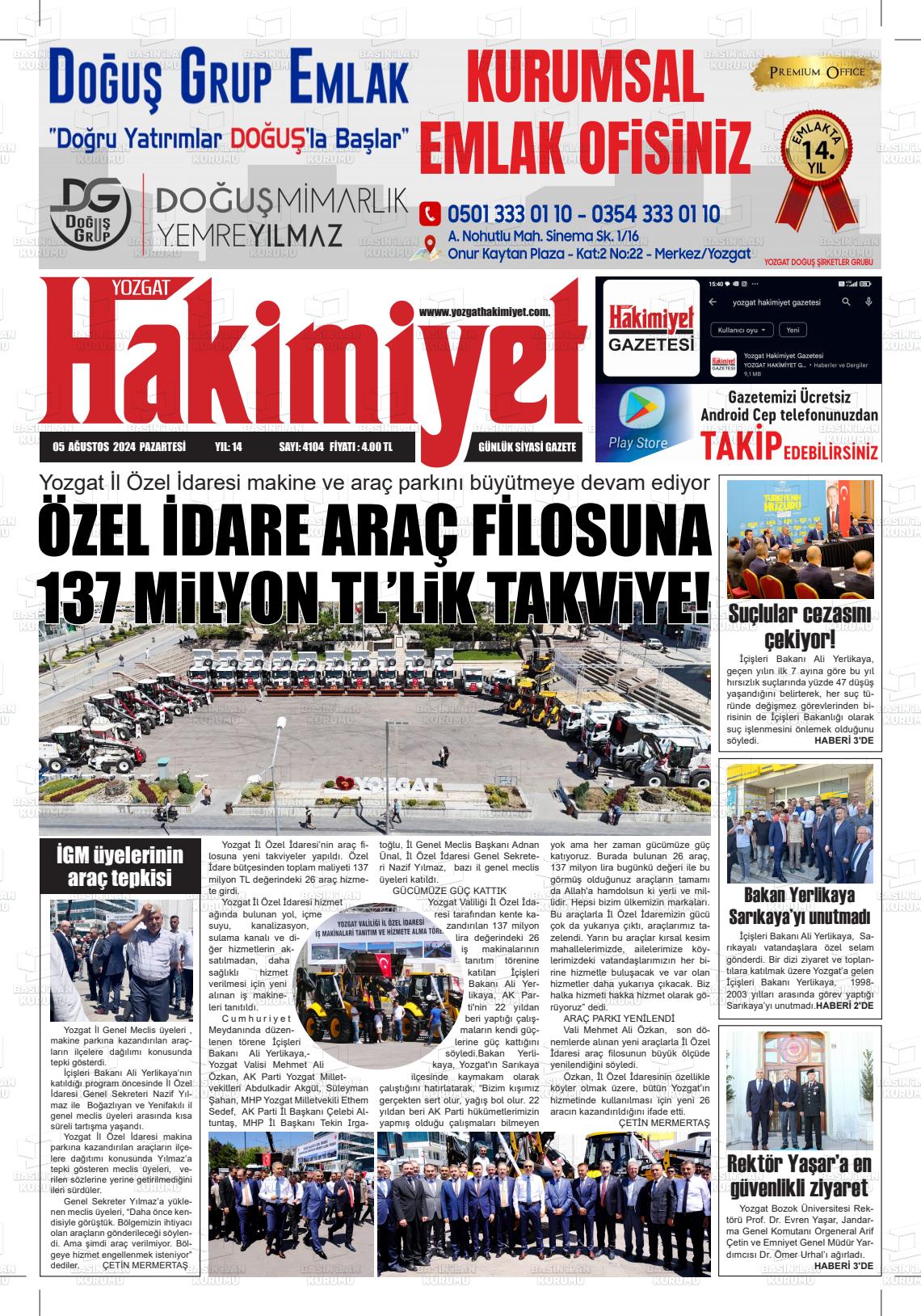 05 Ağustos 2024 Yozgat Hakimiyet Gazete Manşeti