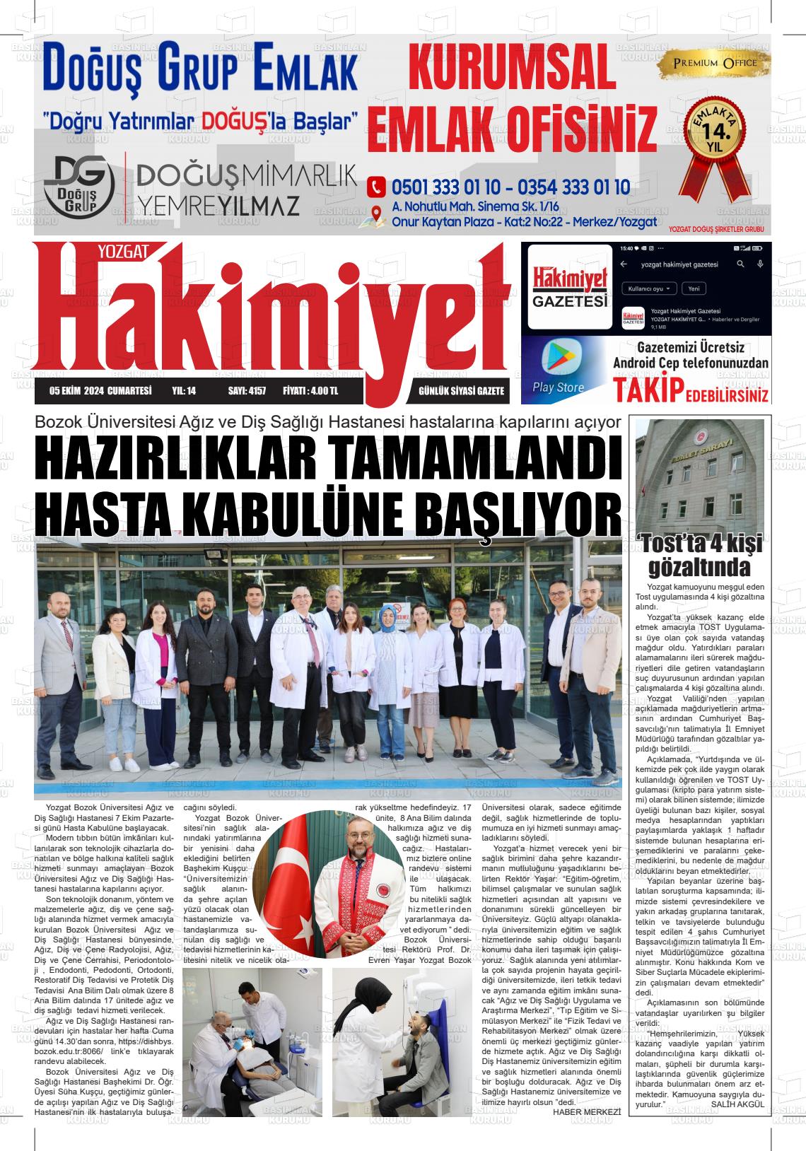 05 Ekim 2024 Yozgat Hakimiyet Gazete Manşeti