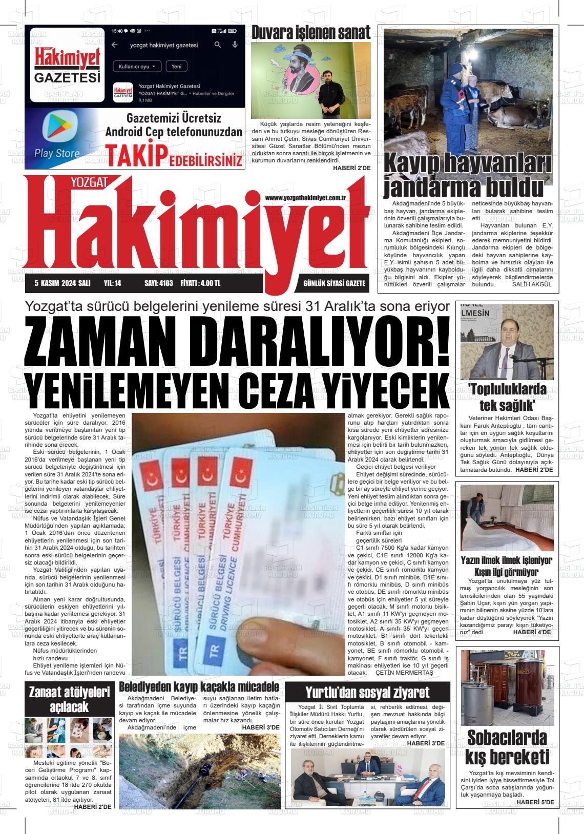 05 Kasım 2024 Yozgat Hakimiyet Gazete Manşeti