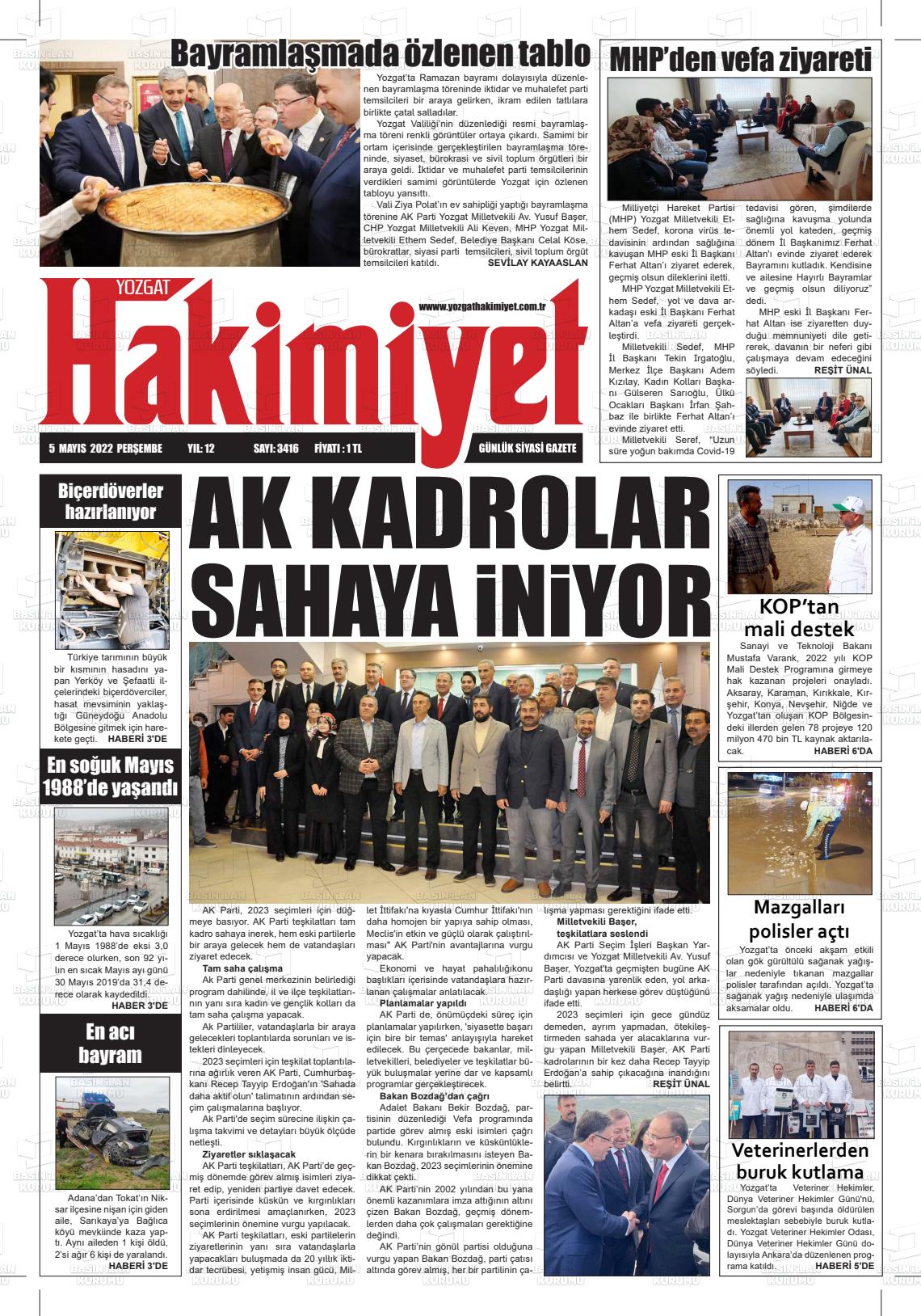 05 Mayıs 2022 Yozgat Hakimiyet Gazete Manşeti