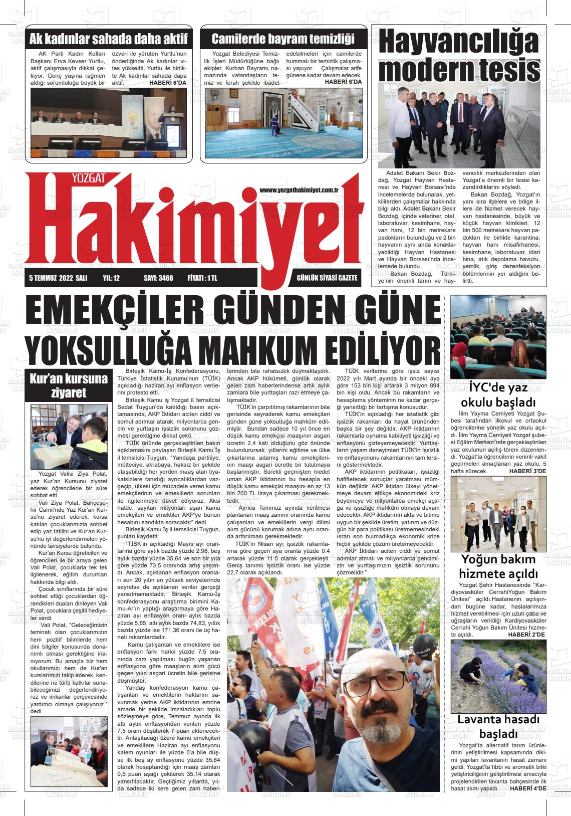 05 Temmuz 2022 Yozgat Hakimiyet Gazete Manşeti