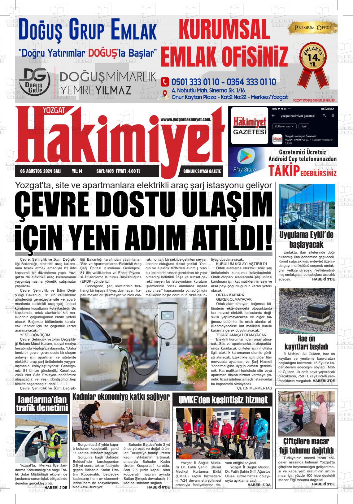 06 Ağustos 2024 Yozgat Hakimiyet Gazete Manşeti