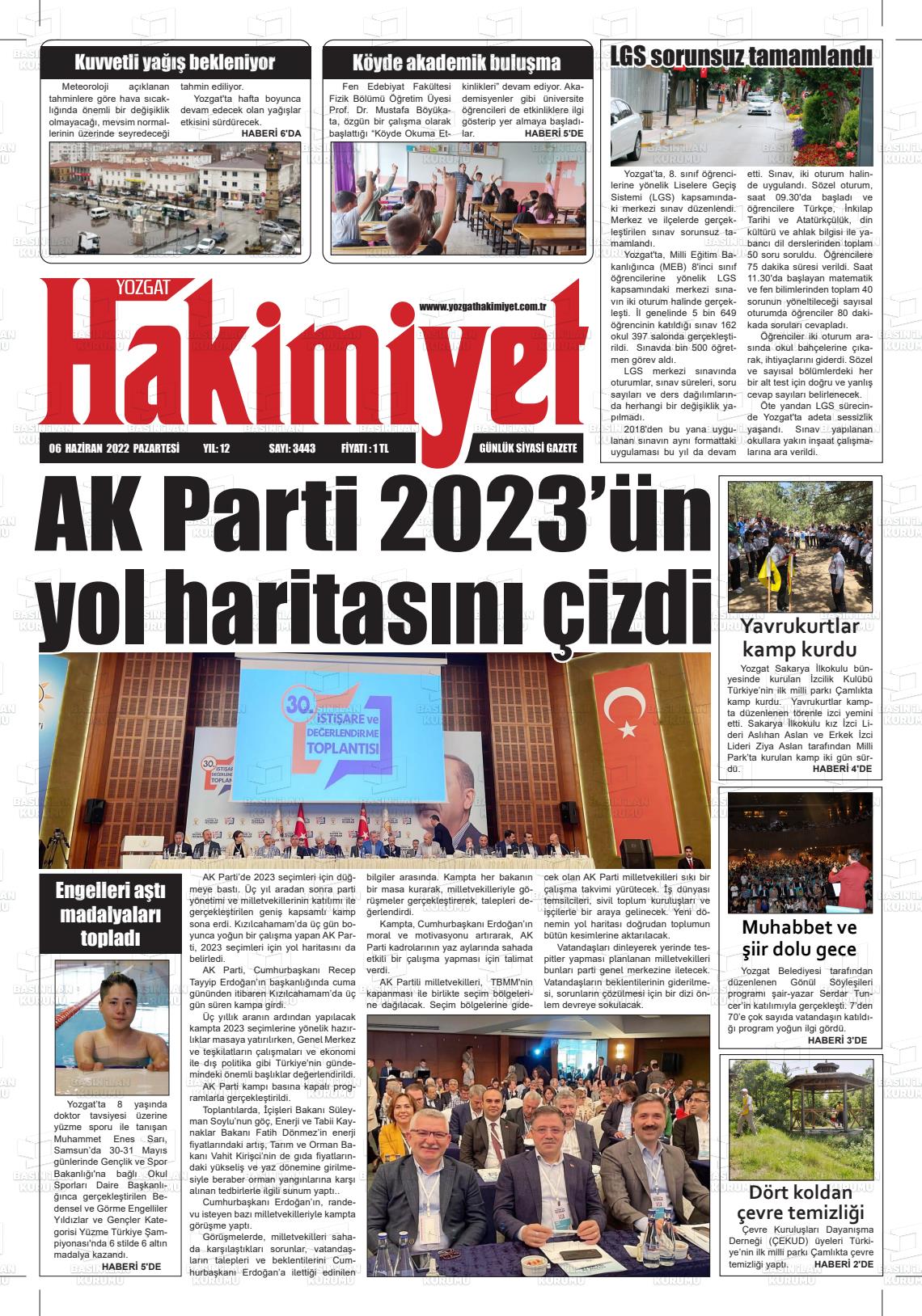 06 Haziran 2022 Yozgat Hakimiyet Gazete Manşeti