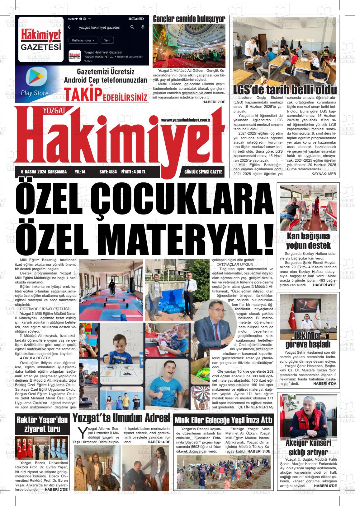 06 Kasım 2024 Yozgat Hakimiyet Gazete Manşeti