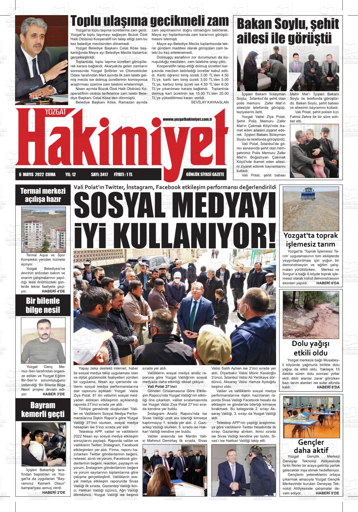 06 Mayıs 2022 Yozgat Hakimiyet Gazete Manşeti