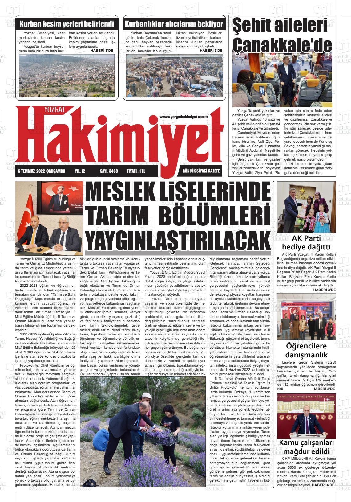 06 Temmuz 2022 Yozgat Hakimiyet Gazete Manşeti