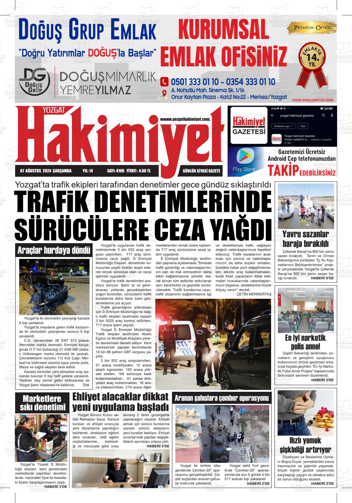 07 Ağustos 2024 Yozgat Hakimiyet Gazete Manşeti