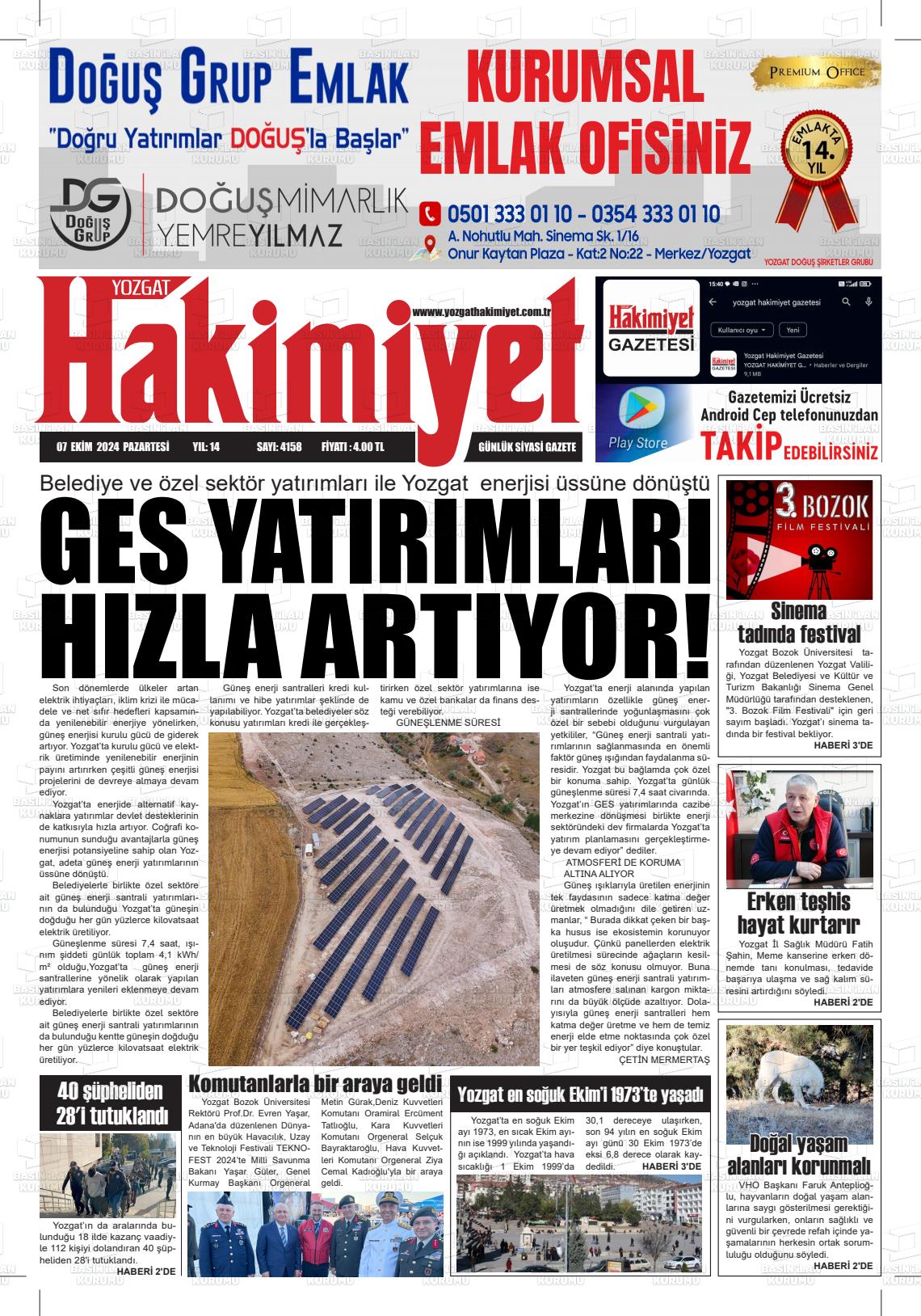 07 Ekim 2024 Yozgat Hakimiyet Gazete Manşeti