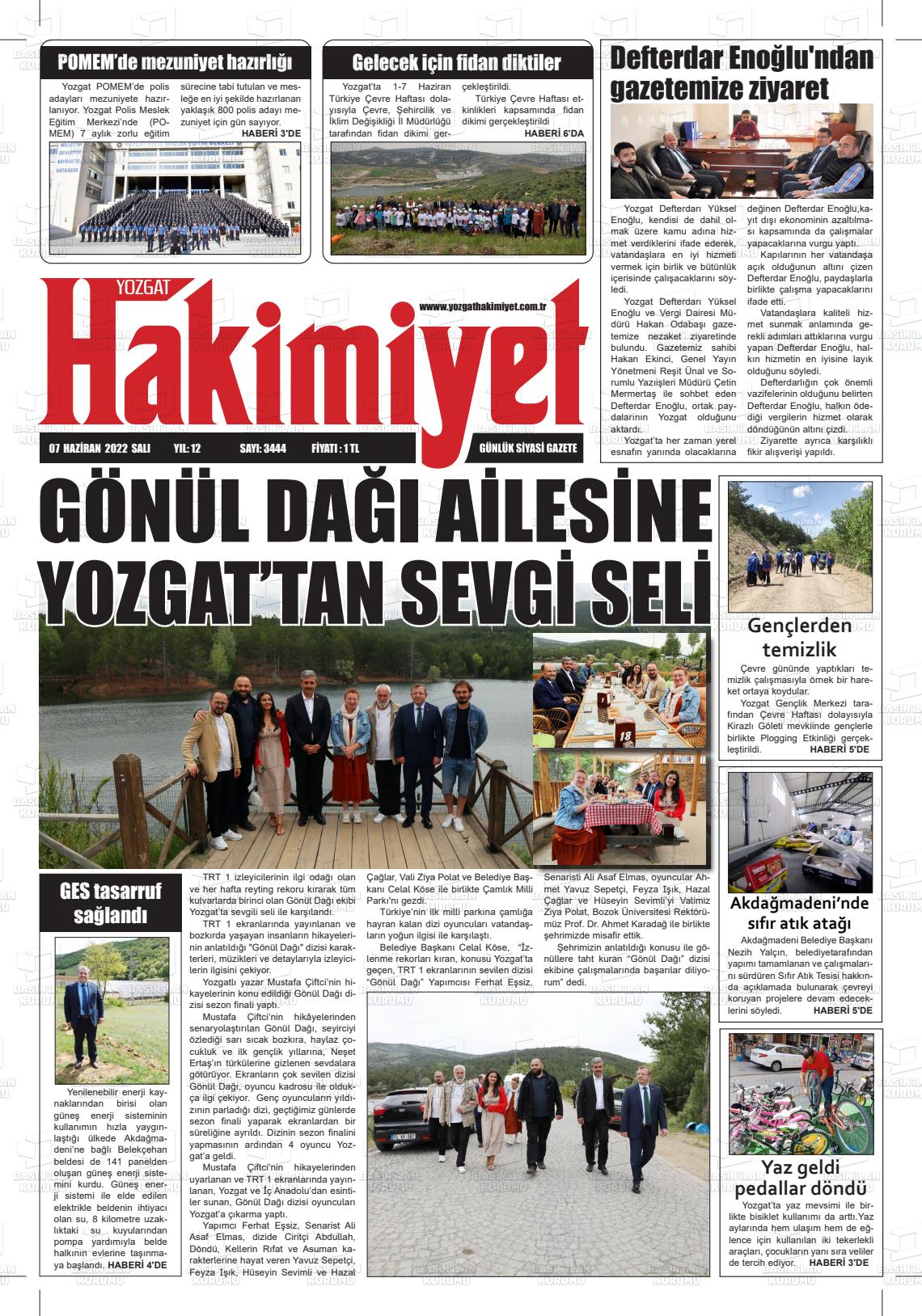 07 Haziran 2022 Yozgat Hakimiyet Gazete Manşeti