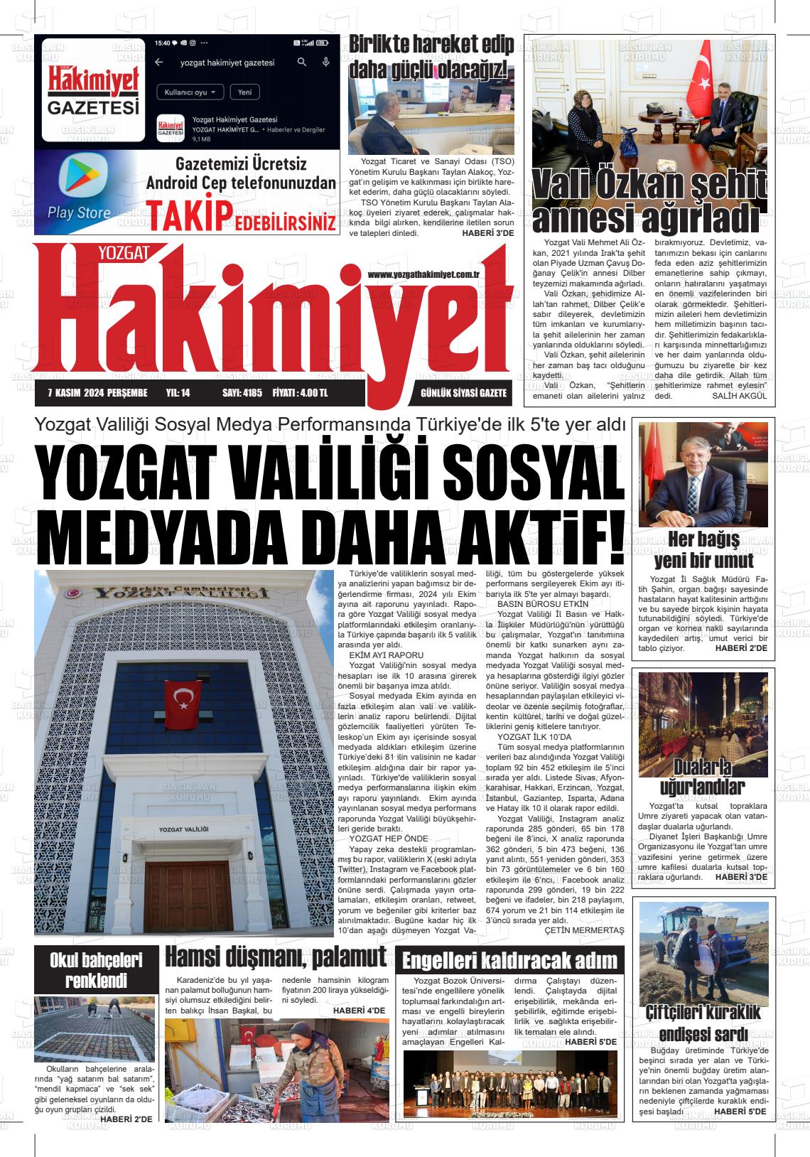 07 Kasım 2024 Yozgat Hakimiyet Gazete Manşeti