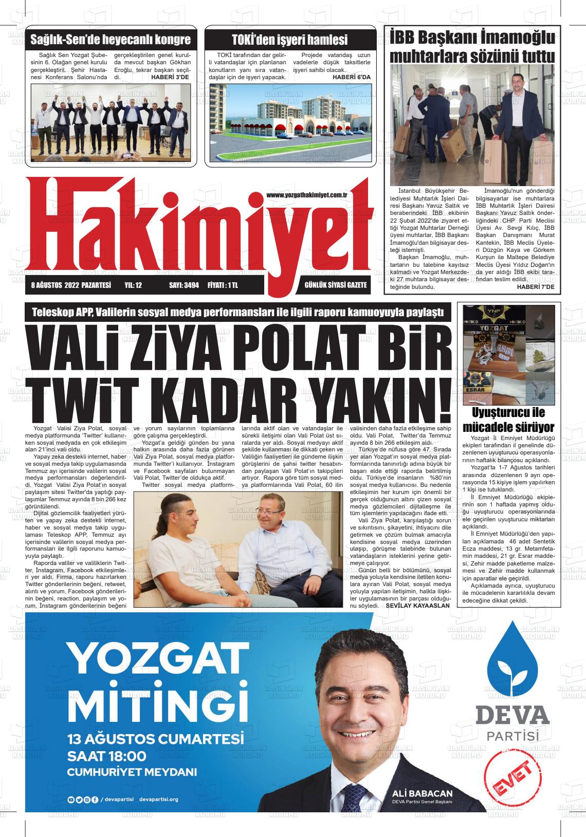 08 Ağustos 2022 Yozgat Hakimiyet Gazete Manşeti