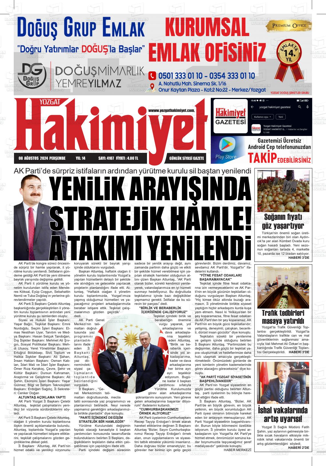 08 Ağustos 2024 Yozgat Hakimiyet Gazete Manşeti