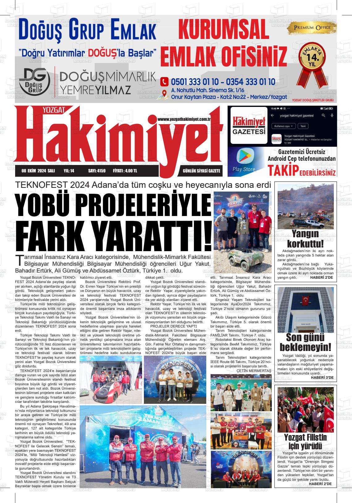 08 Ekim 2024 Yozgat Hakimiyet Gazete Manşeti