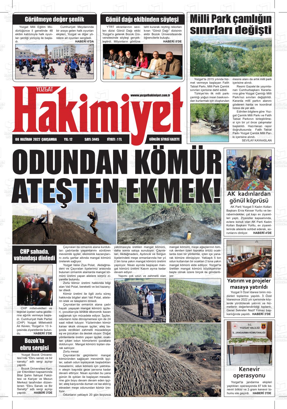 08 Haziran 2022 Yozgat Hakimiyet Gazete Manşeti