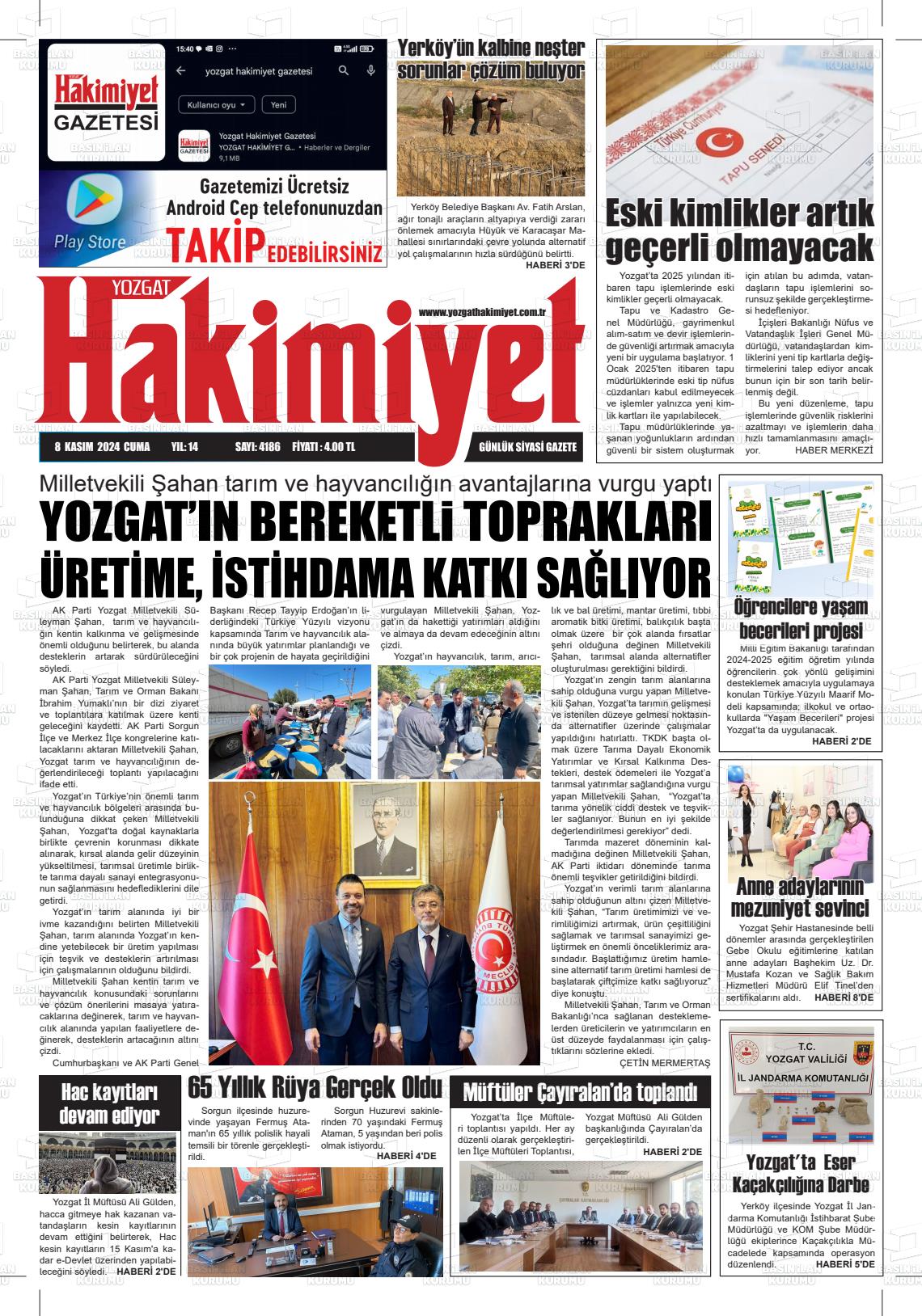 08 Kasım 2024 Yozgat Hakimiyet Gazete Manşeti