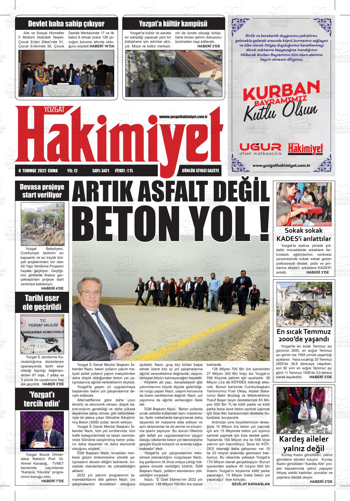 08 Temmuz 2022 Yozgat Hakimiyet Gazete Manşeti