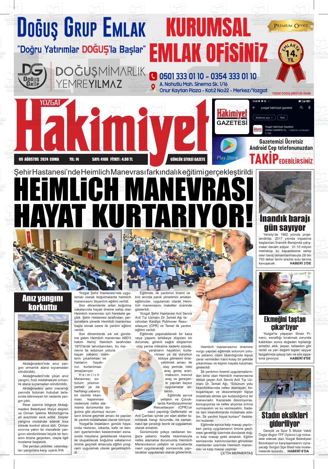 09 Ağustos 2024 Yozgat Hakimiyet Gazete Manşeti