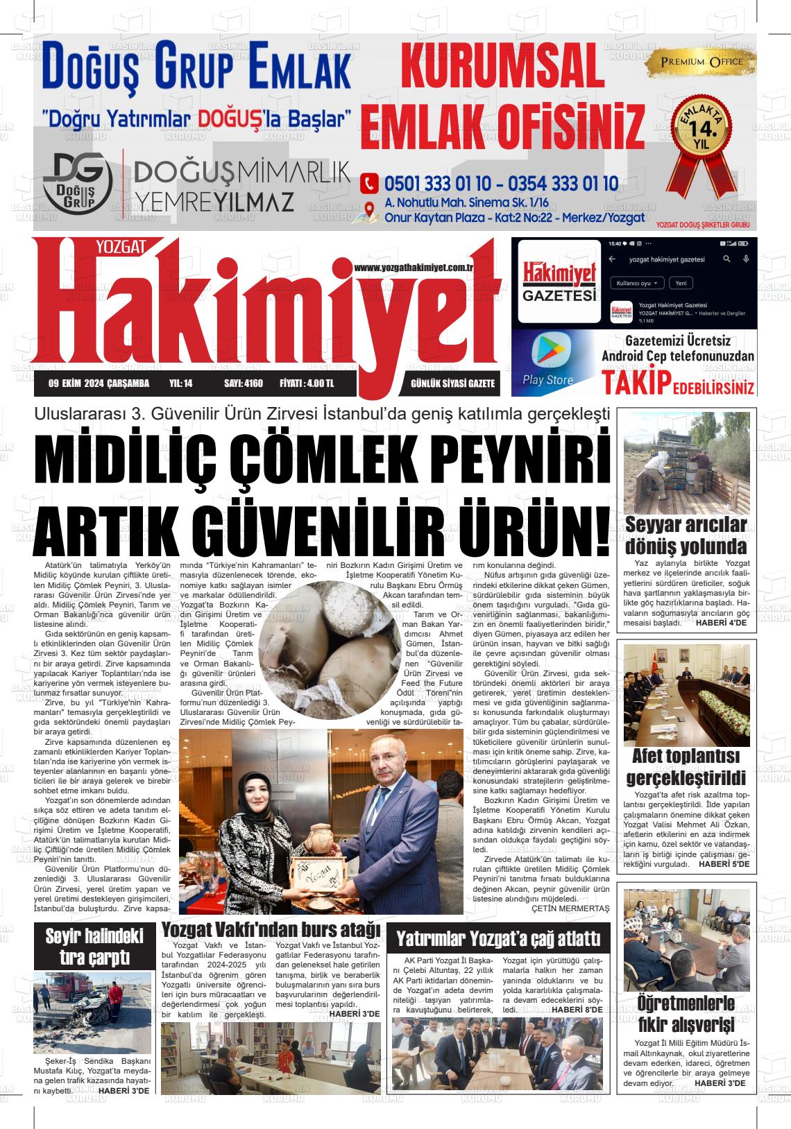 09 Ekim 2024 Yozgat Hakimiyet Gazete Manşeti