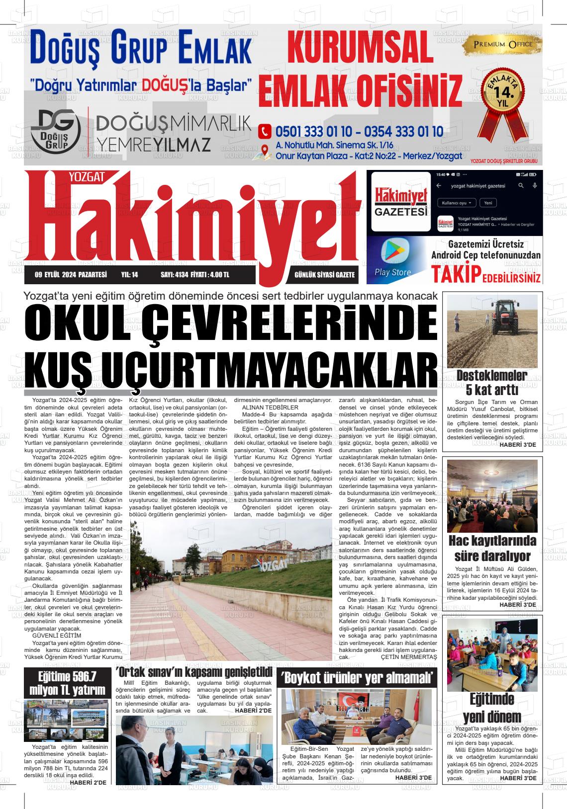 09 Eylül 2024 Yozgat Hakimiyet Gazete Manşeti