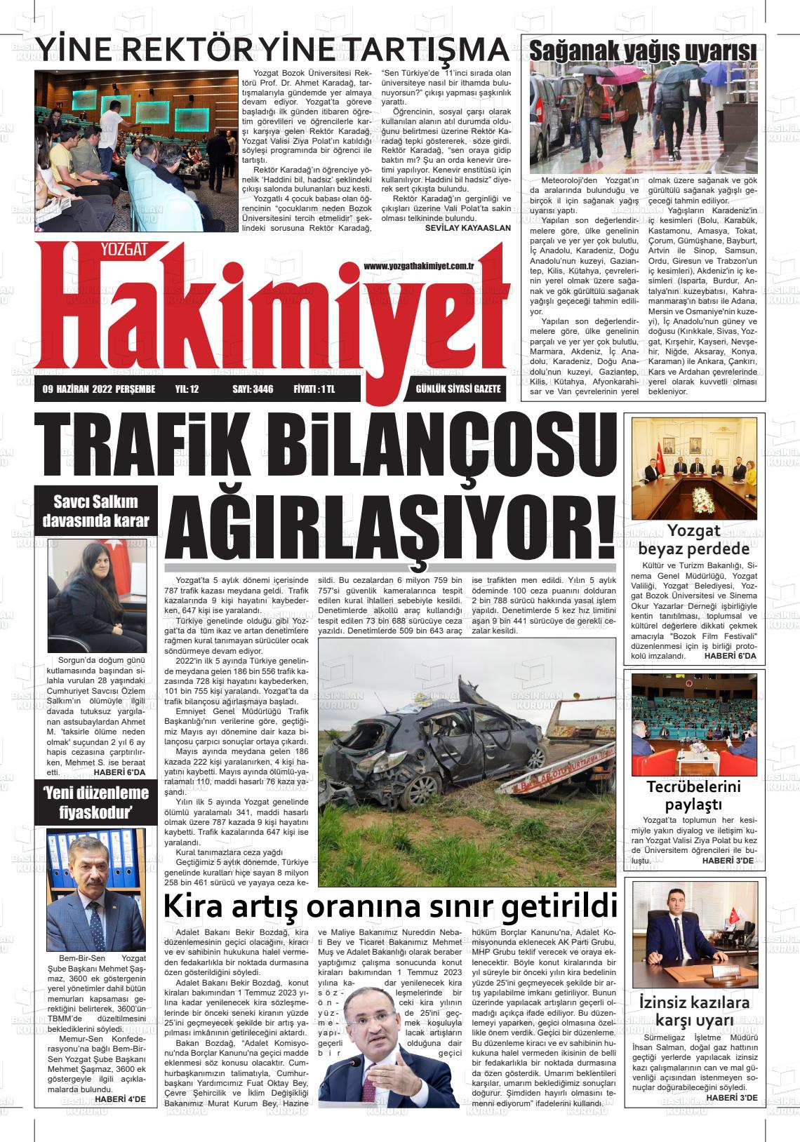 09 Haziran 2022 Yozgat Hakimiyet Gazete Manşeti