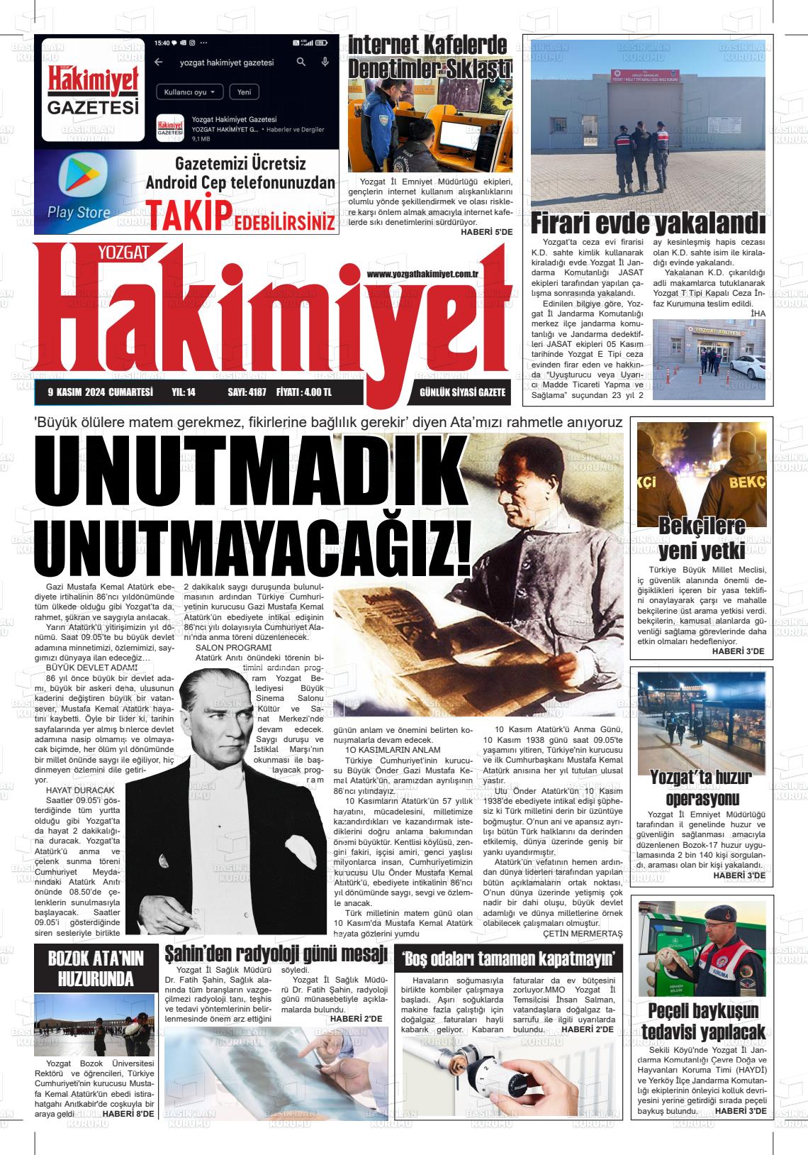 09 Kasım 2024 Yozgat Hakimiyet Gazete Manşeti