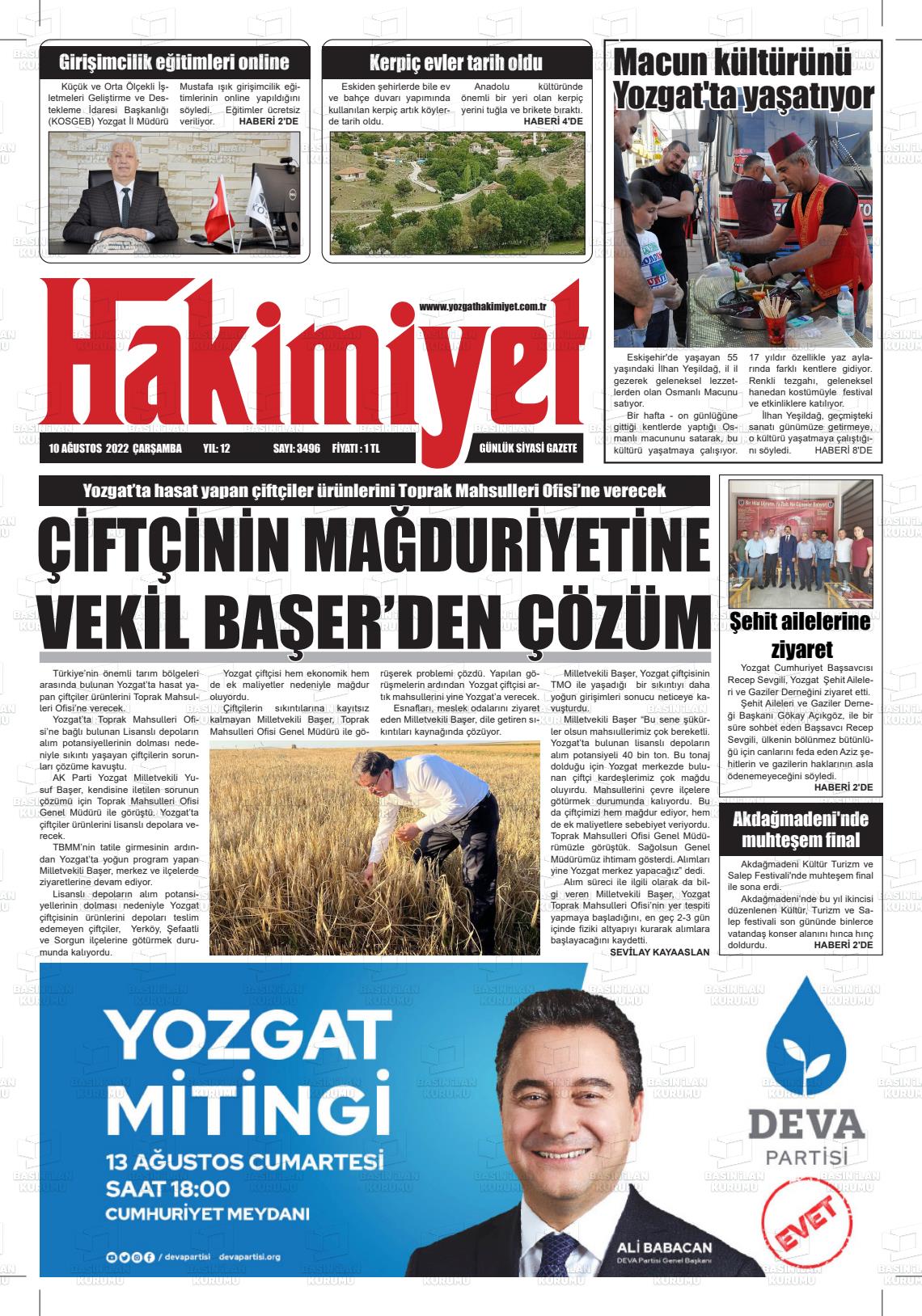 10 Ağustos 2022 Yozgat Hakimiyet Gazete Manşeti