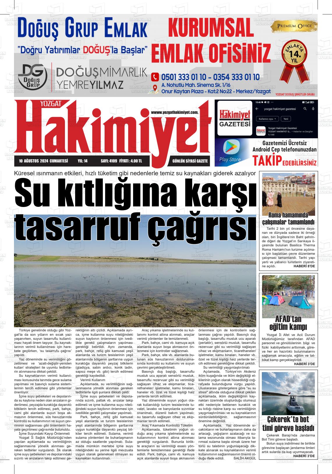 10 Ağustos 2024 Yozgat Hakimiyet Gazete Manşeti