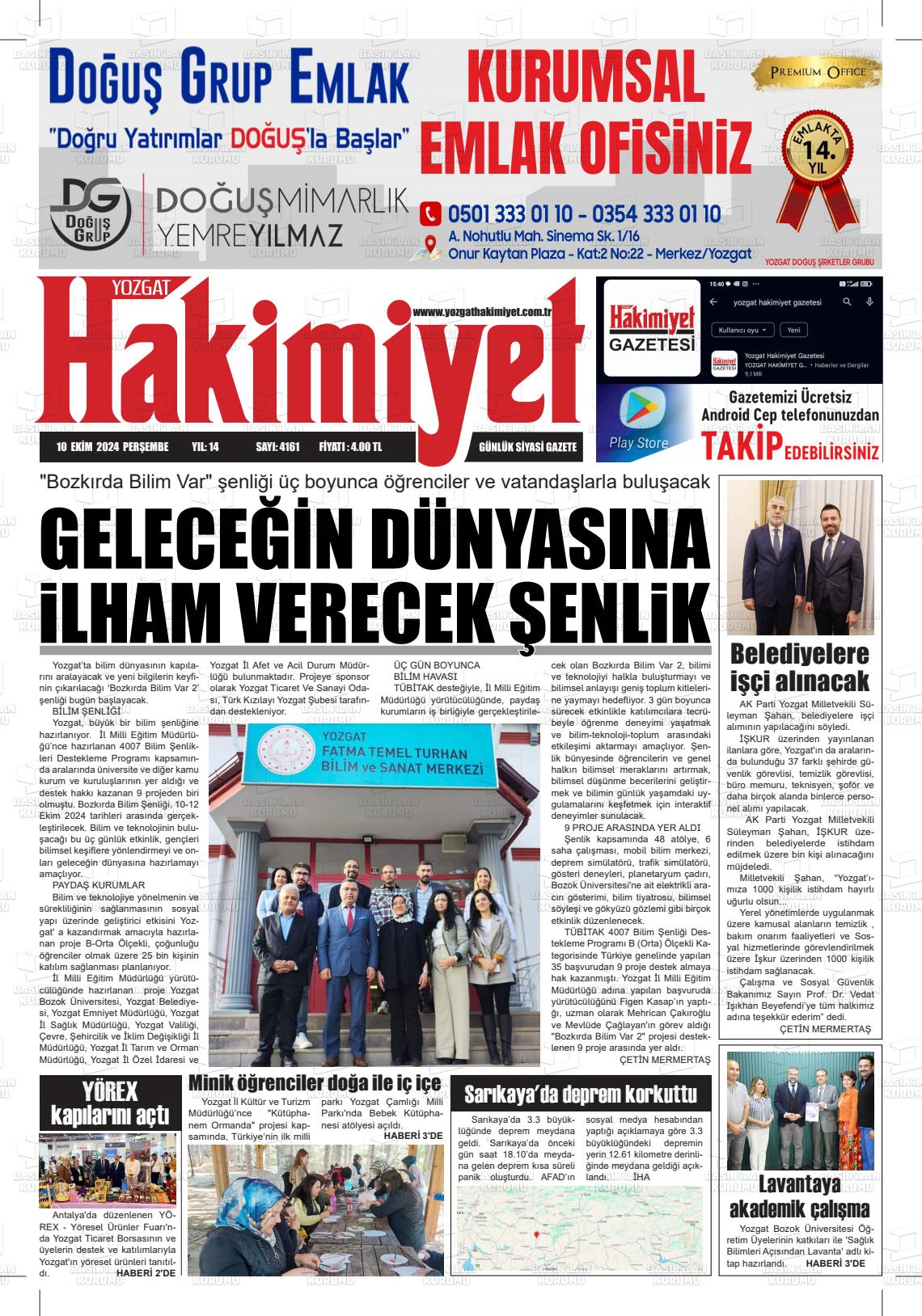 10 Ekim 2024 Yozgat Hakimiyet Gazete Manşeti