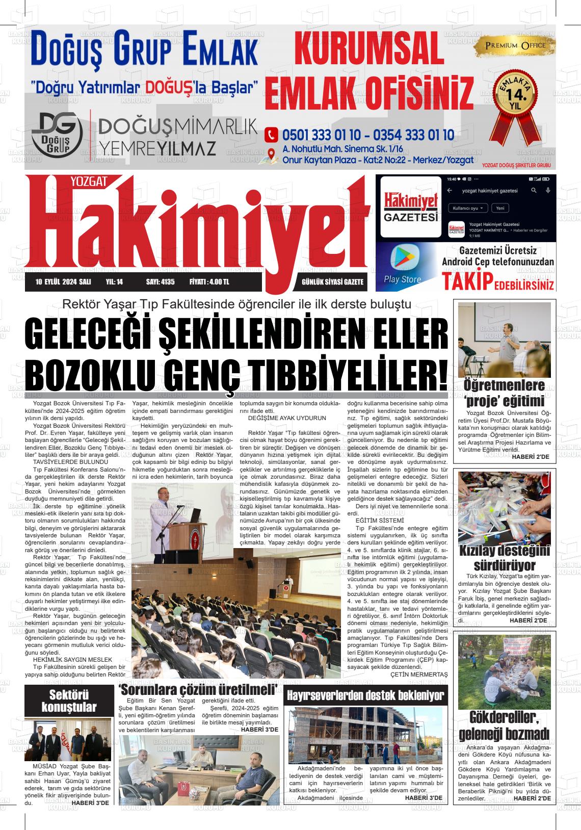 10 Eylül 2024 Yozgat Hakimiyet Gazete Manşeti