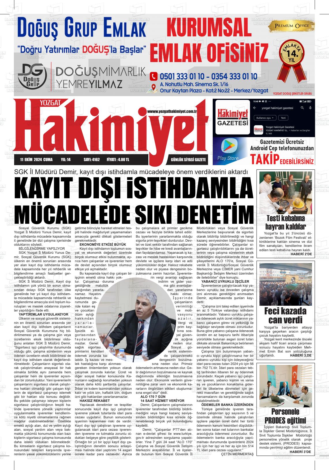 11 Ekim 2024 Yozgat Hakimiyet Gazete Manşeti