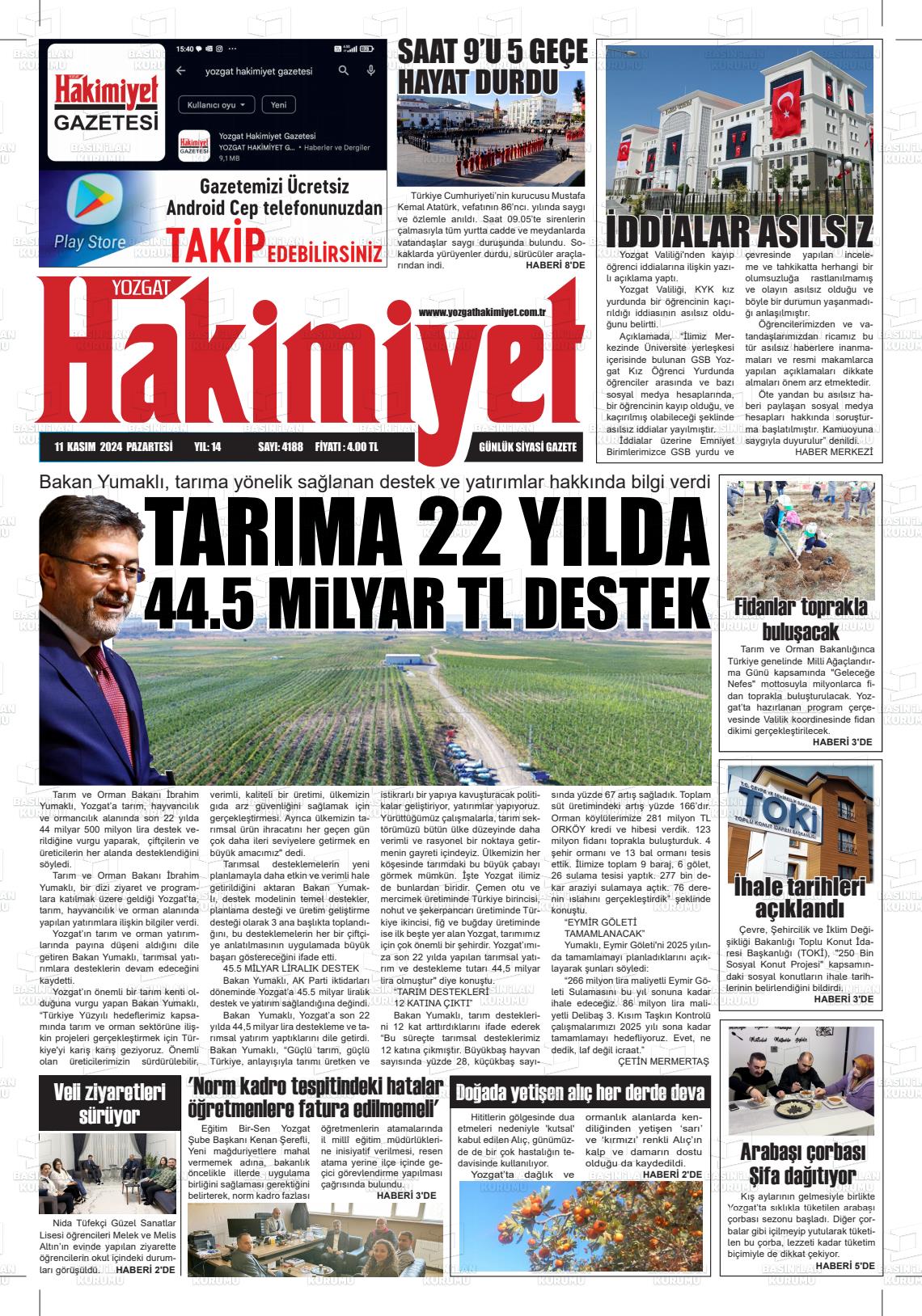 11 Kasım 2024 Yozgat Hakimiyet Gazete Manşeti