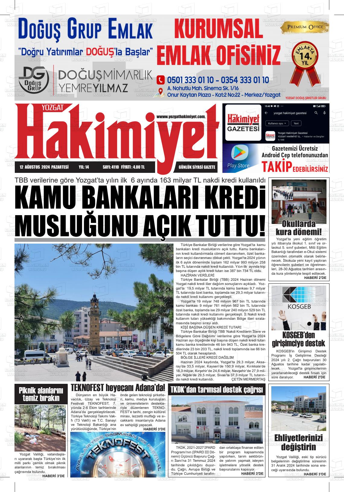 12 Ağustos 2024 Yozgat Hakimiyet Gazete Manşeti