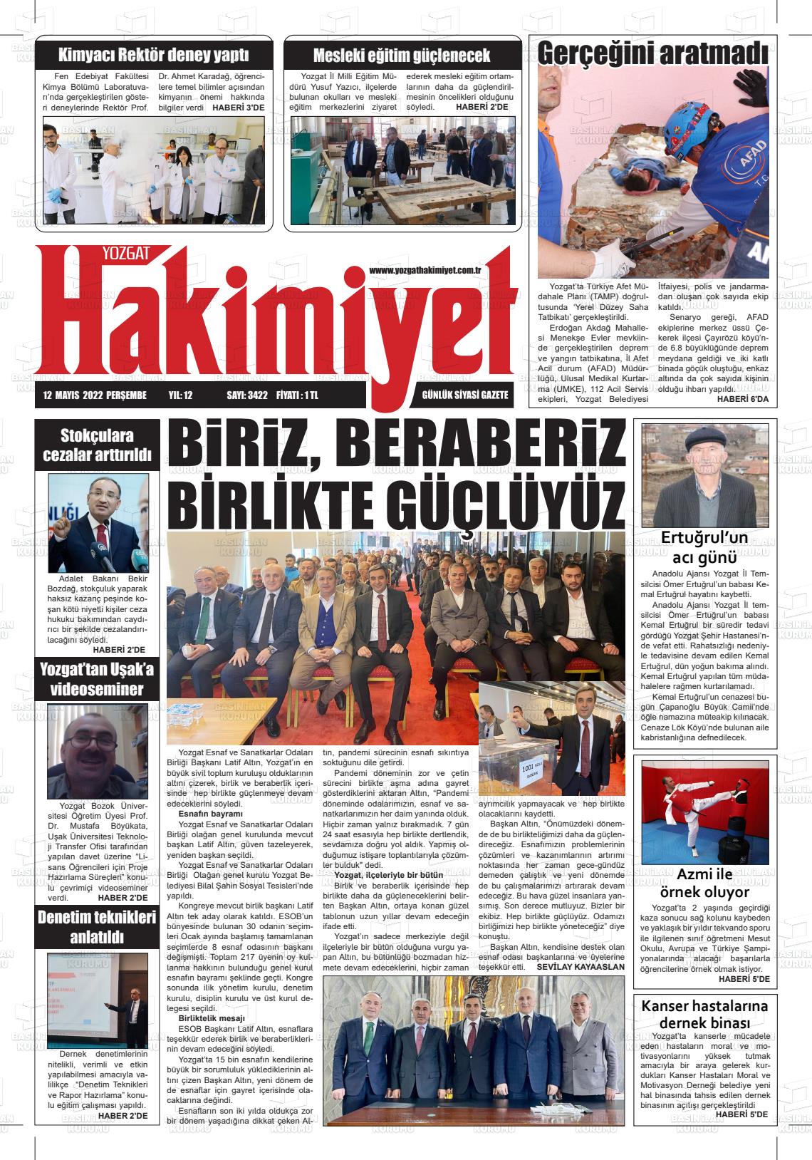 12 Mayıs 2022 Yozgat Hakimiyet Gazete Manşeti