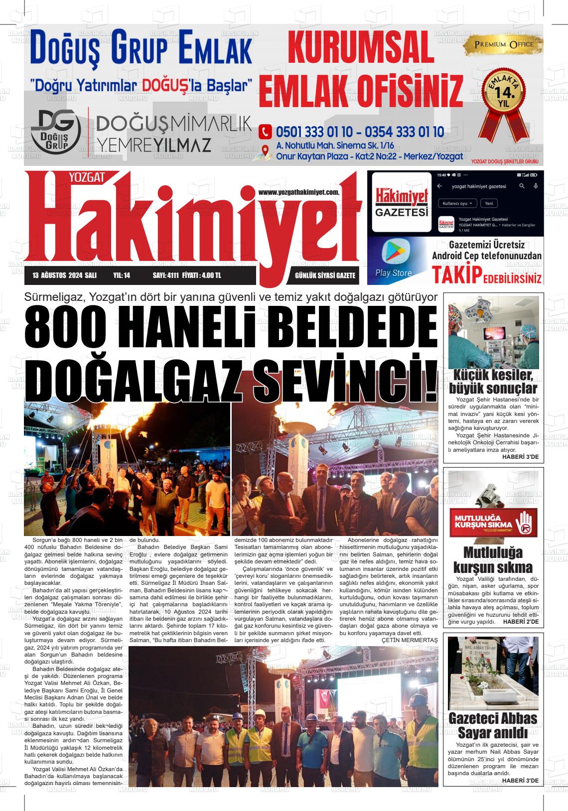 13 Ağustos 2024 Yozgat Hakimiyet Gazete Manşeti