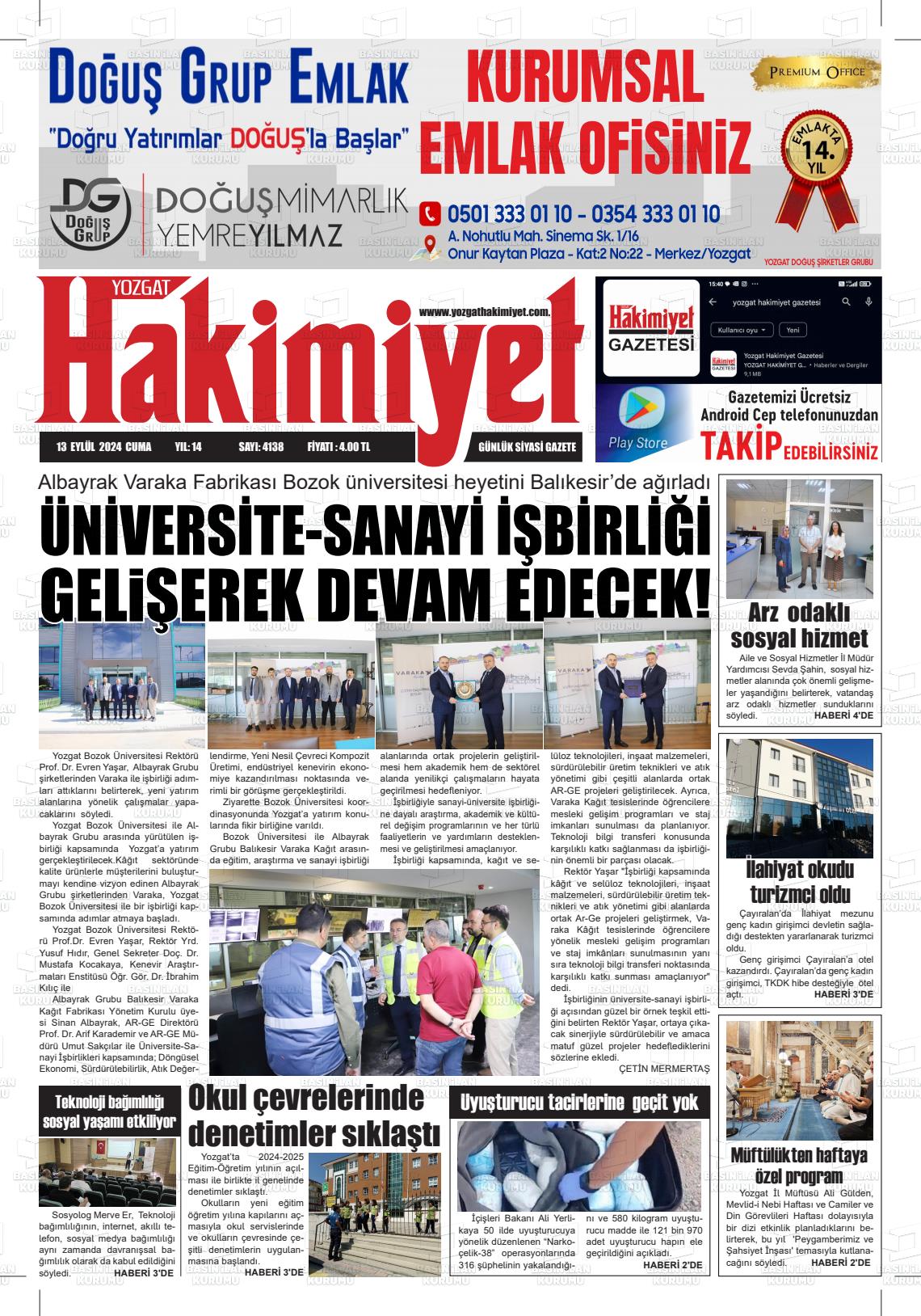 13 Eylül 2024 Yozgat Hakimiyet Gazete Manşeti