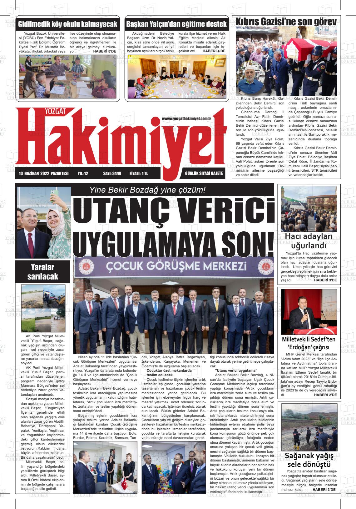 13 Haziran 2022 Yozgat Hakimiyet Gazete Manşeti