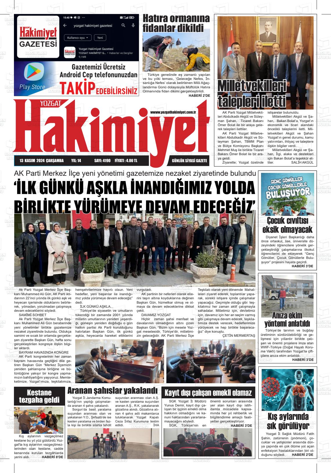 13 Kasım 2024 Yozgat Hakimiyet Gazete Manşeti