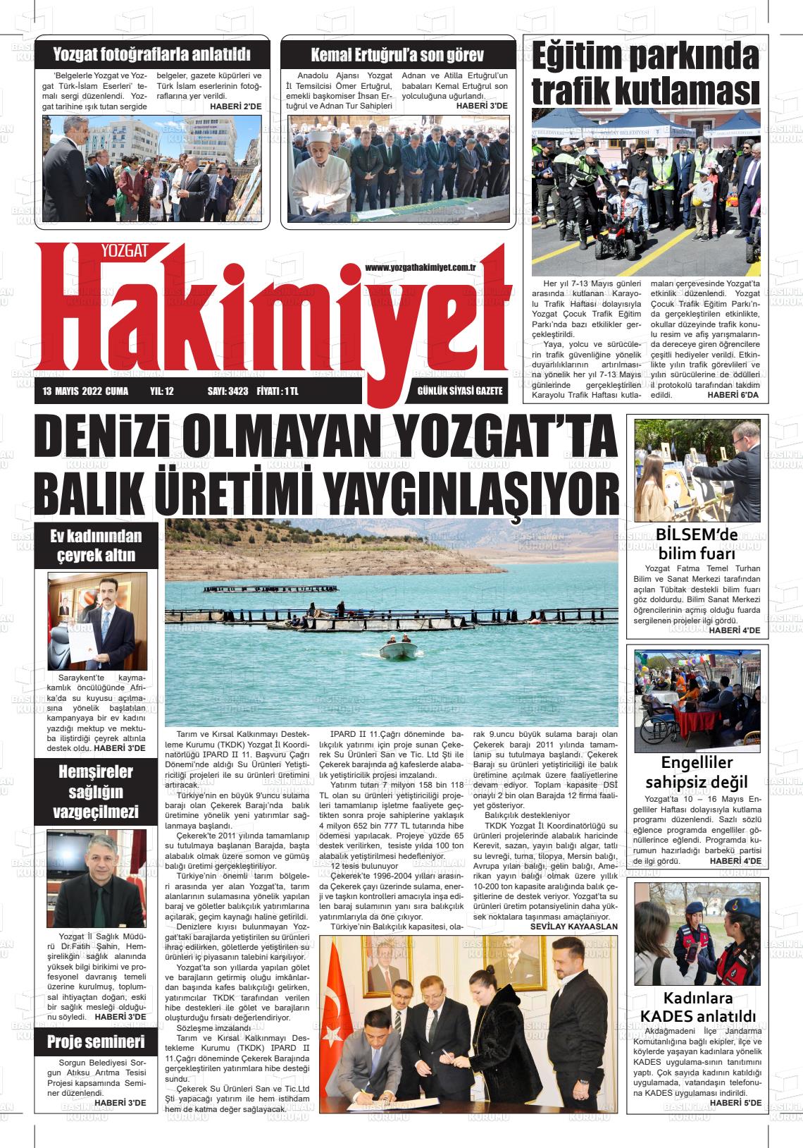 13 Mayıs 2022 Yozgat Hakimiyet Gazete Manşeti