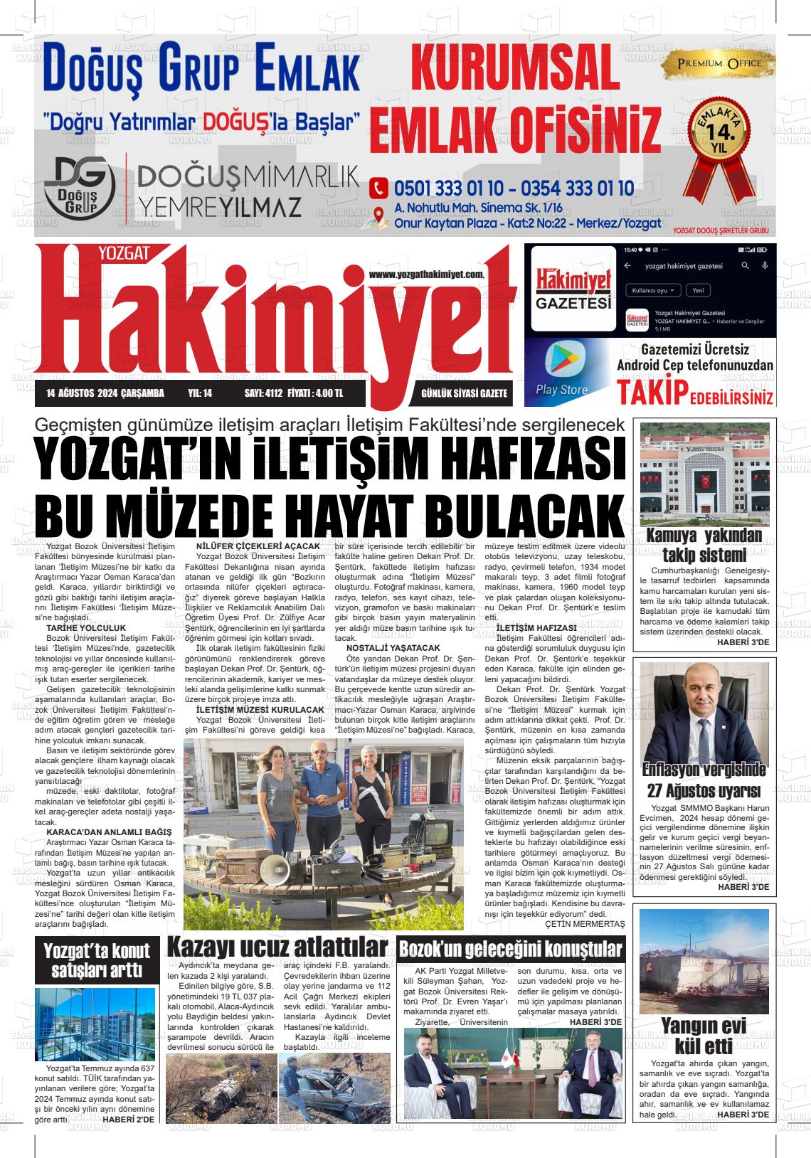 14 Ağustos 2024 Yozgat Hakimiyet Gazete Manşeti