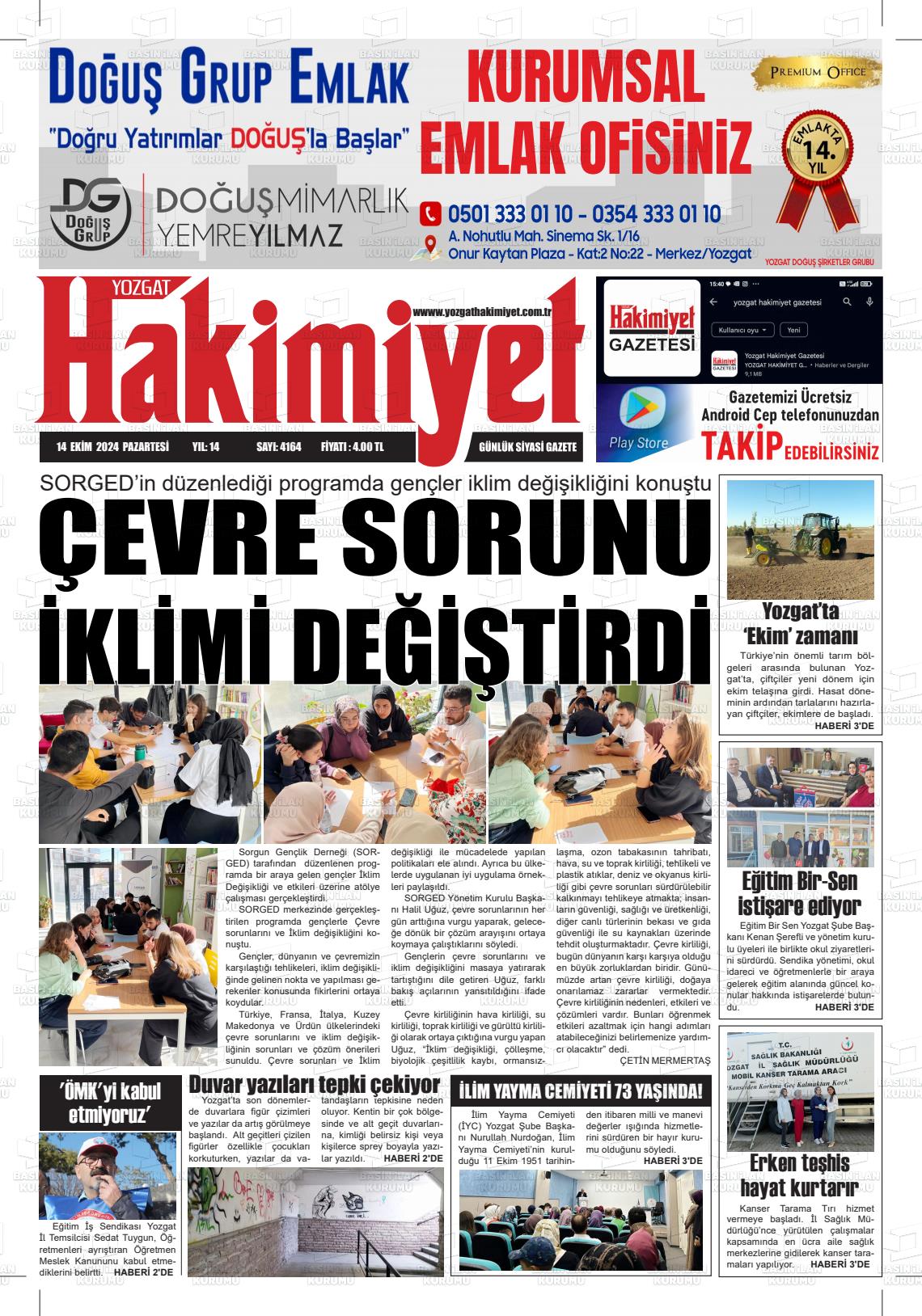 14 Ekim 2024 Yozgat Hakimiyet Gazete Manşeti