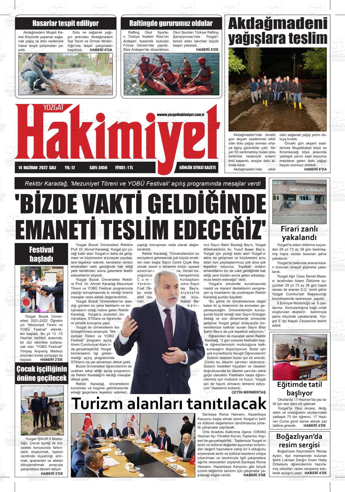 14 Haziran 2022 Yozgat Hakimiyet Gazete Manşeti