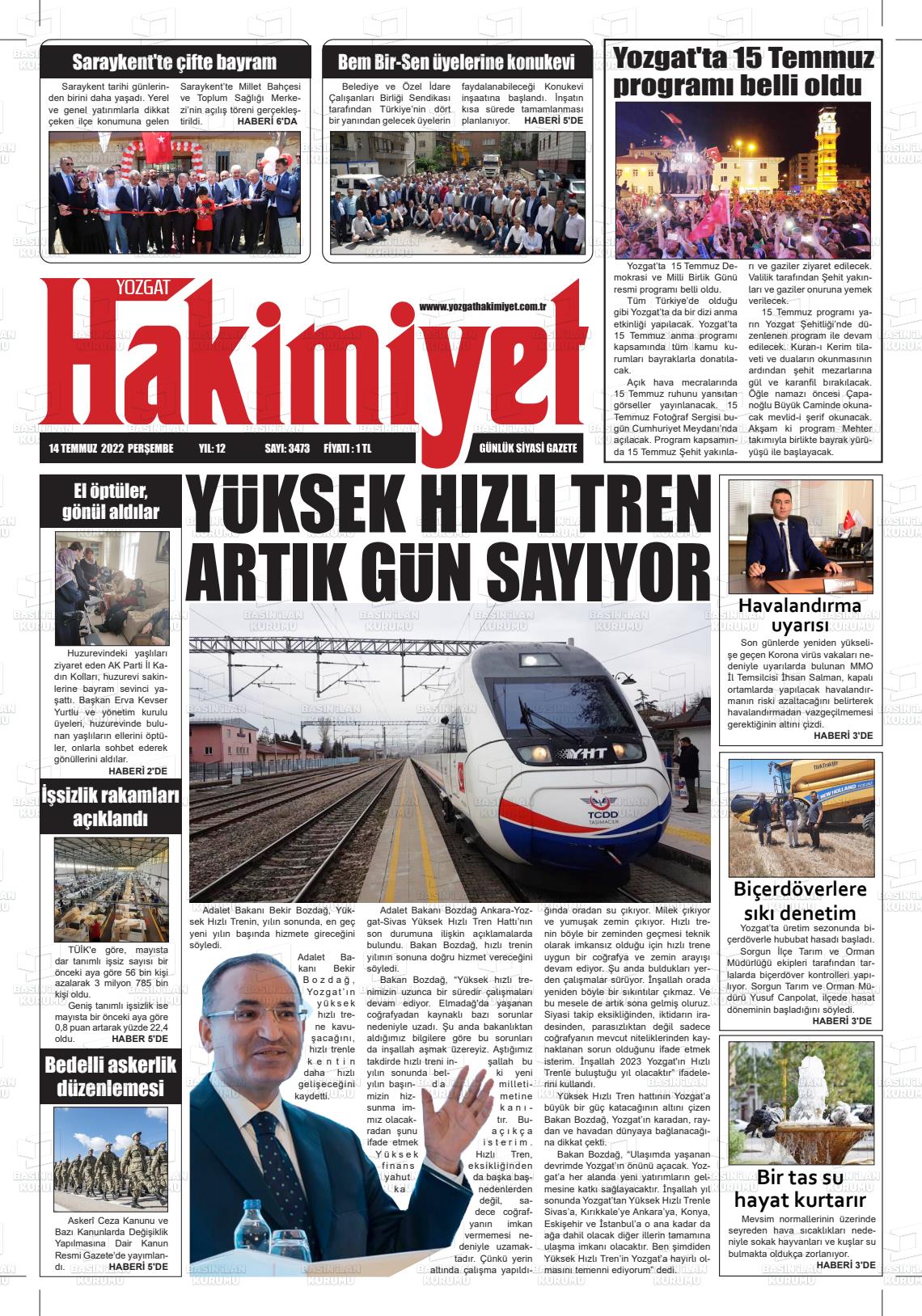 14 Temmuz 2022 Yozgat Hakimiyet Gazete Manşeti