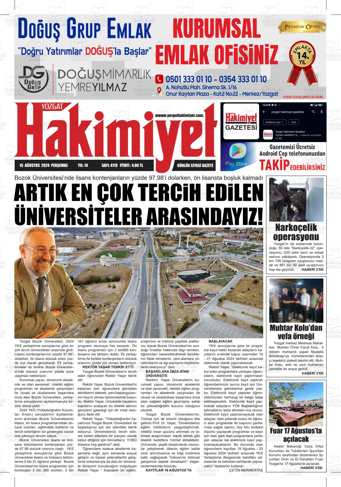 15 Ağustos 2024 Yozgat Hakimiyet Gazete Manşeti