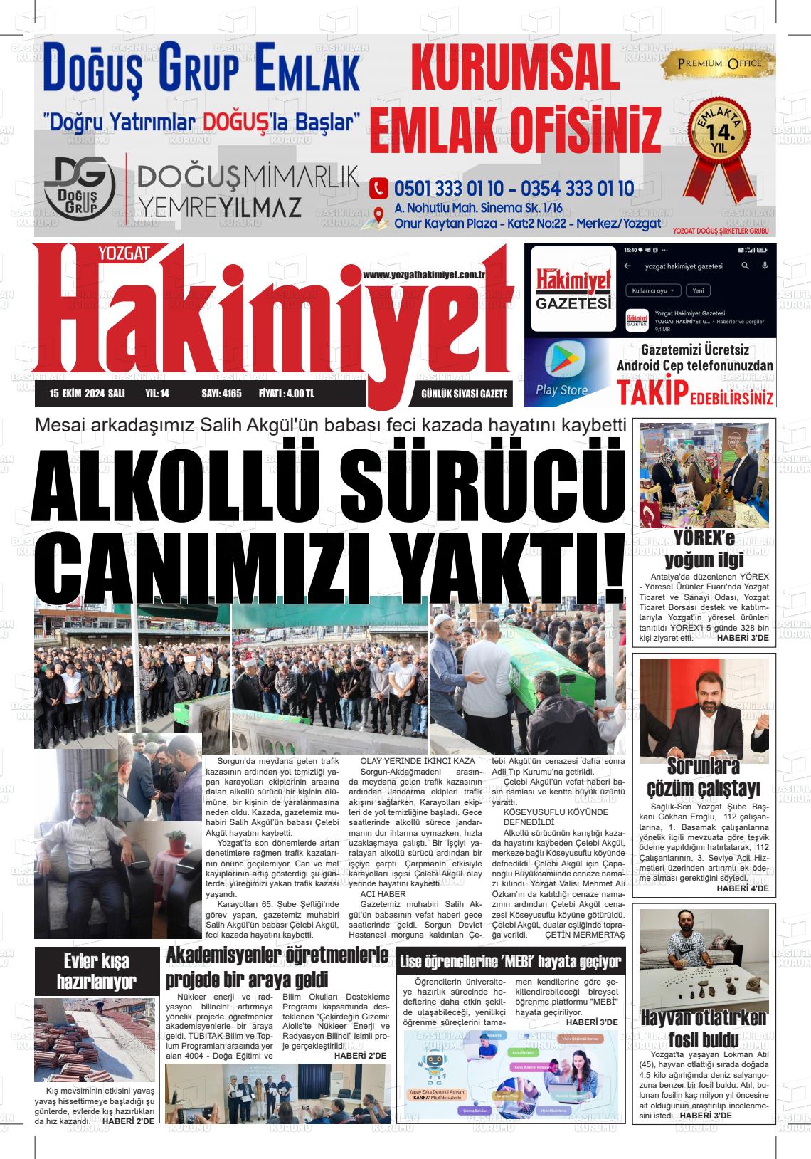 15 Ekim 2024 Yozgat Hakimiyet Gazete Manşeti