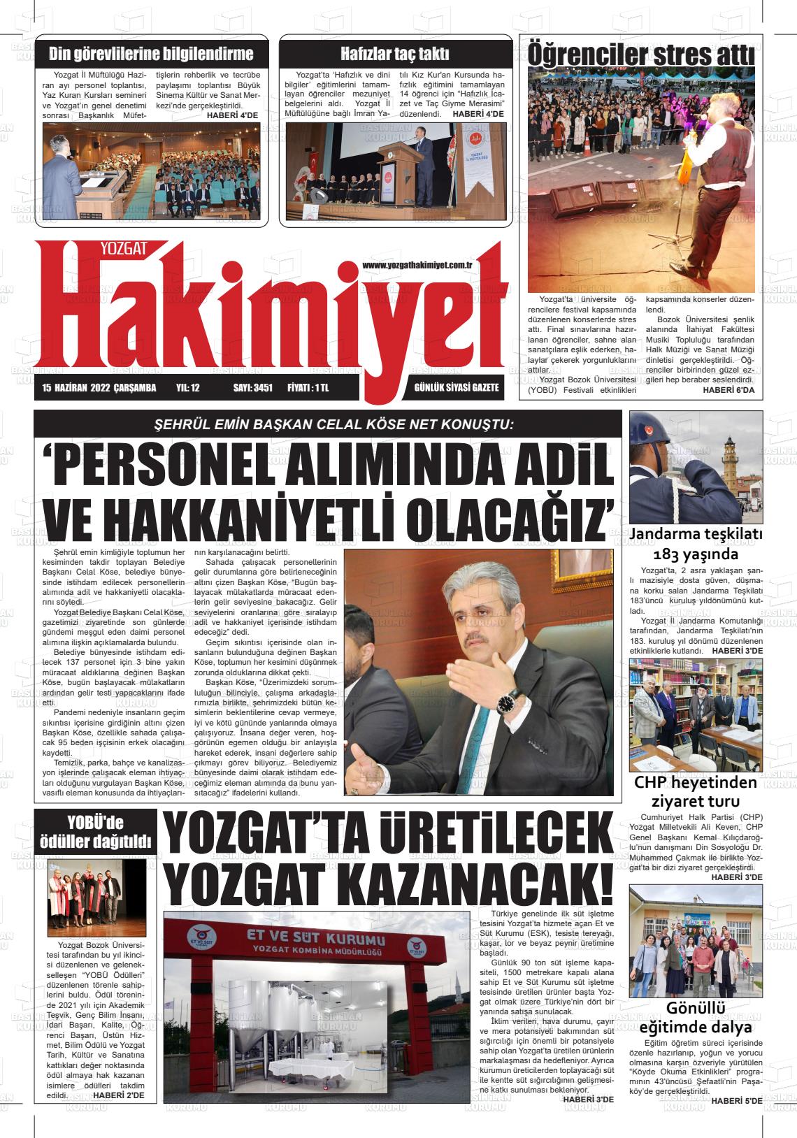 15 Haziran 2022 Yozgat Hakimiyet Gazete Manşeti