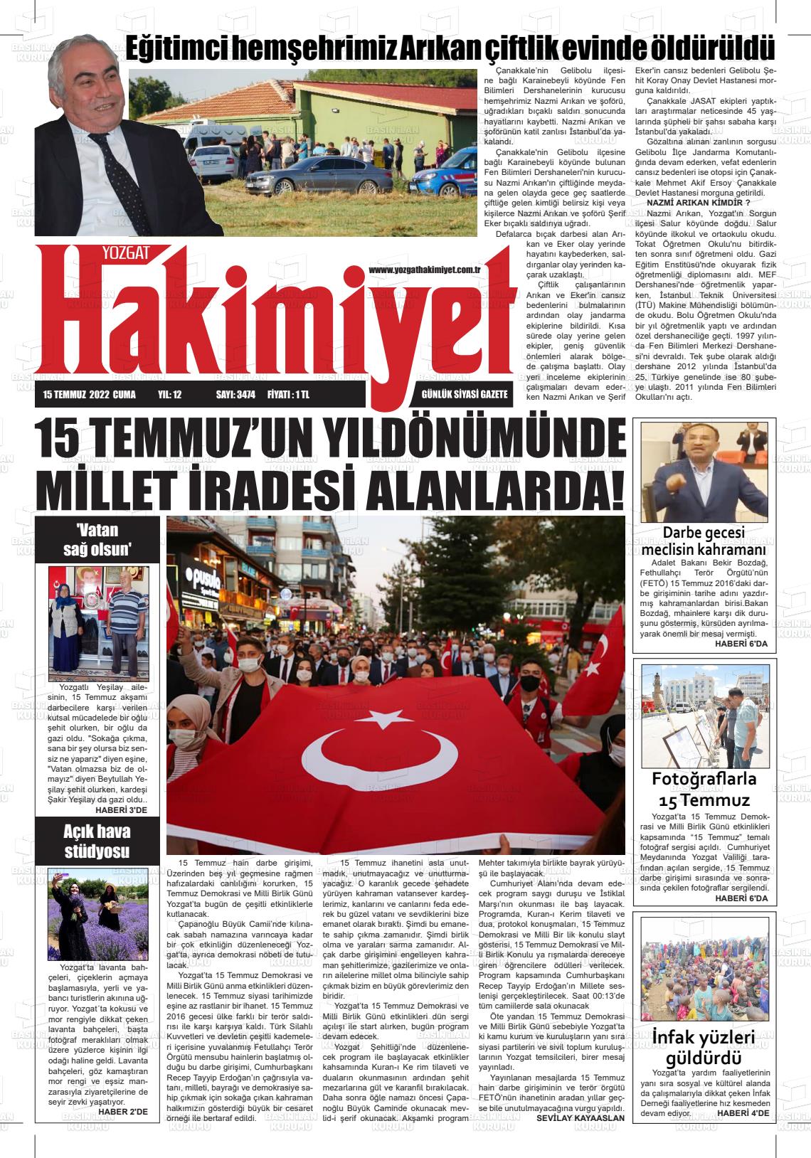 15 Temmuz 2022 Yozgat Hakimiyet Gazete Manşeti