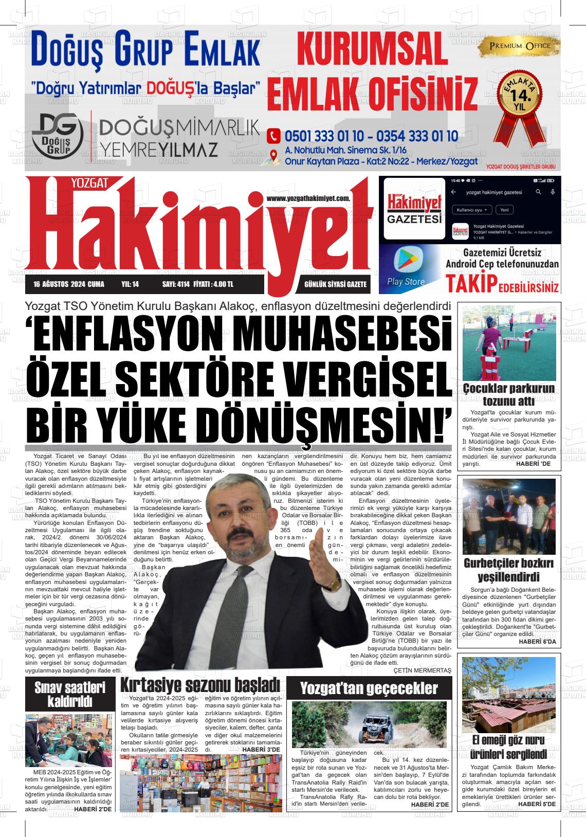 16 Ağustos 2024 Yozgat Hakimiyet Gazete Manşeti