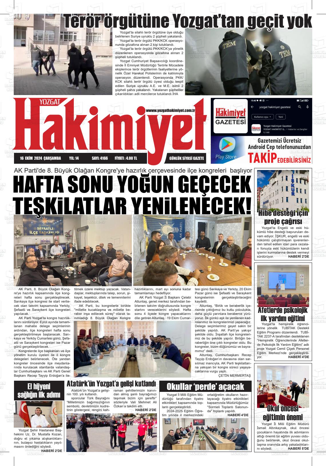 16 Ekim 2024 Yozgat Hakimiyet Gazete Manşeti